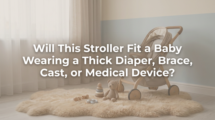 Parent measuring stroller seat with baby in medical brace