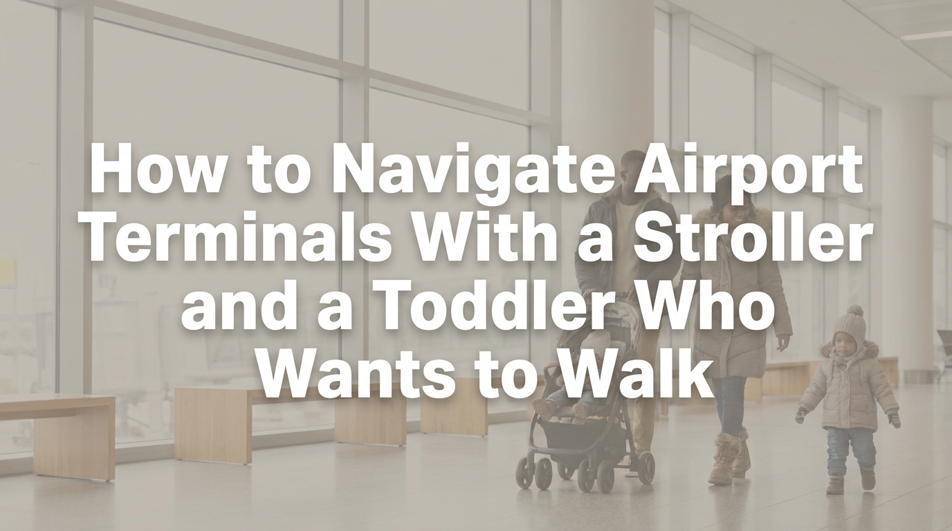 Parent navigating airport terminal with stroller and walking toddler