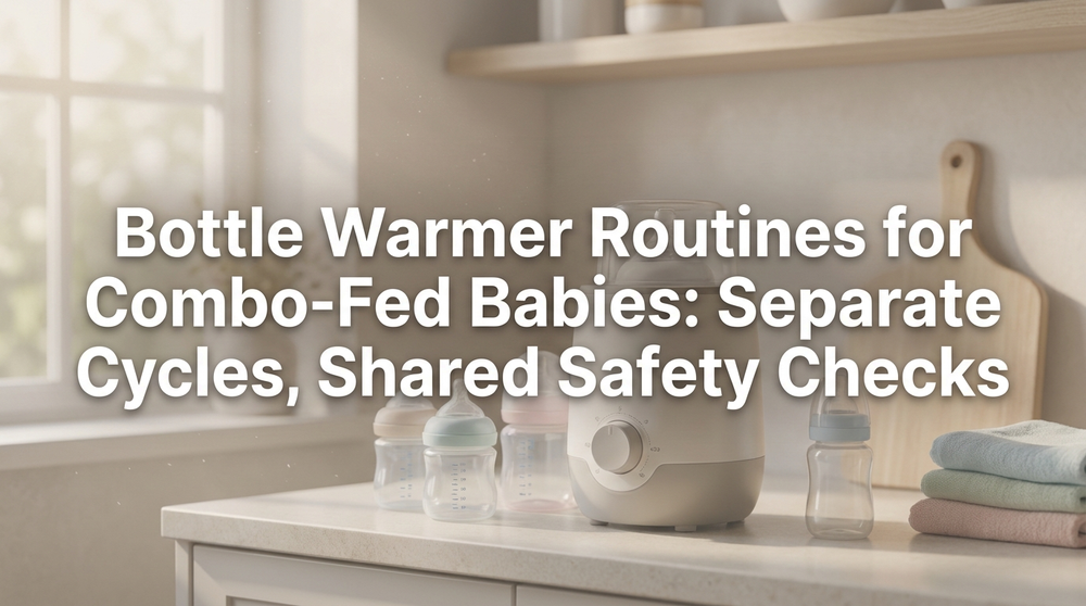 Parent placing labeled baby bottle into bottle warmer on kitchen counter