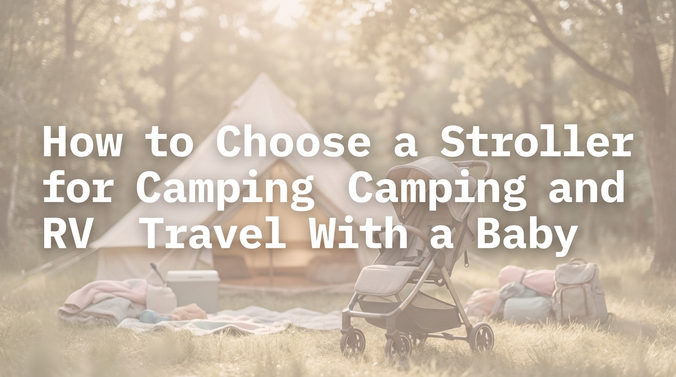 Parent pushing a baby stroller on a gravel path at an RV campground