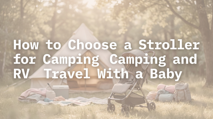 Parent pushing a baby stroller on a gravel path at an RV campground