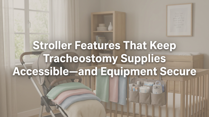 Parent pushing adaptive stroller with visible emergency medical supplies