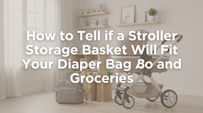 Parent pushing stroller with diaper bag in storage basket at grocery store