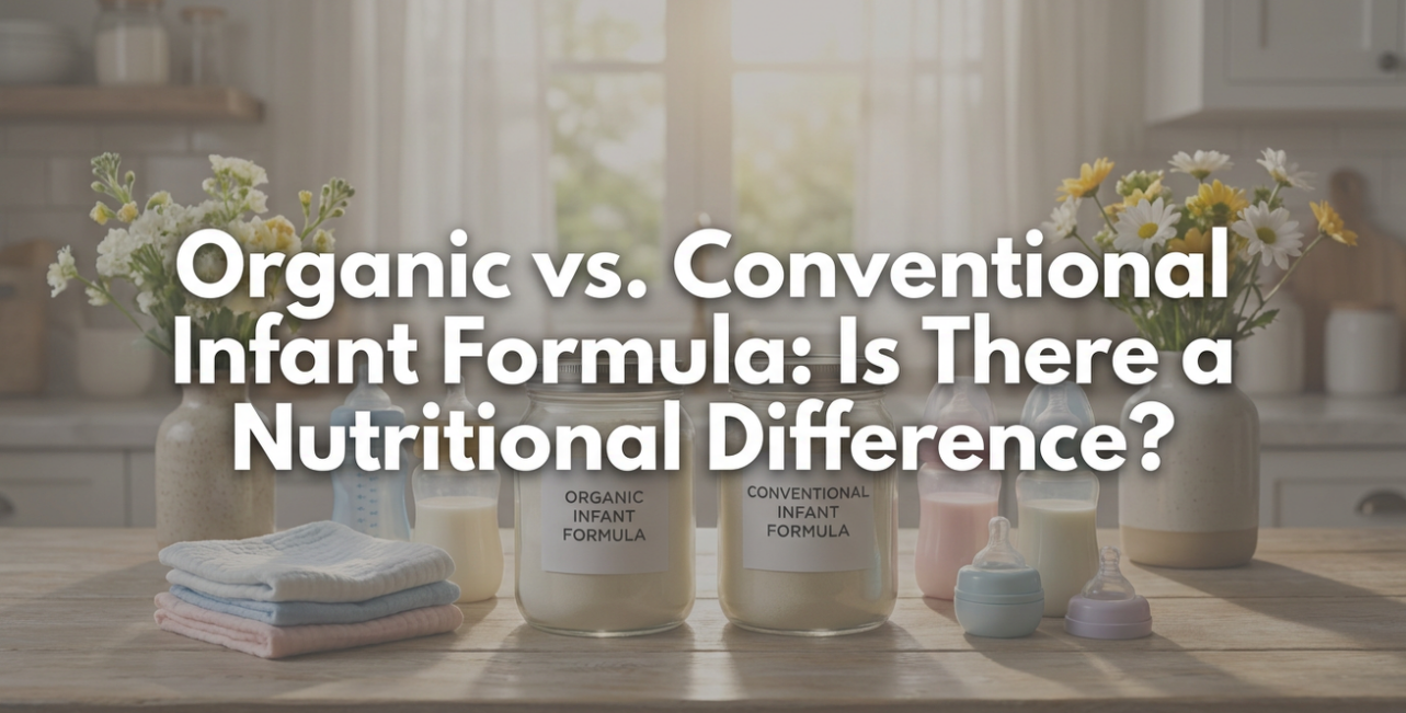 Parent reading infant formula labels in grocery store while holding baby