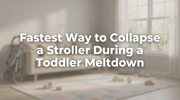 Parent safely positioning toddler away from stroller before folding