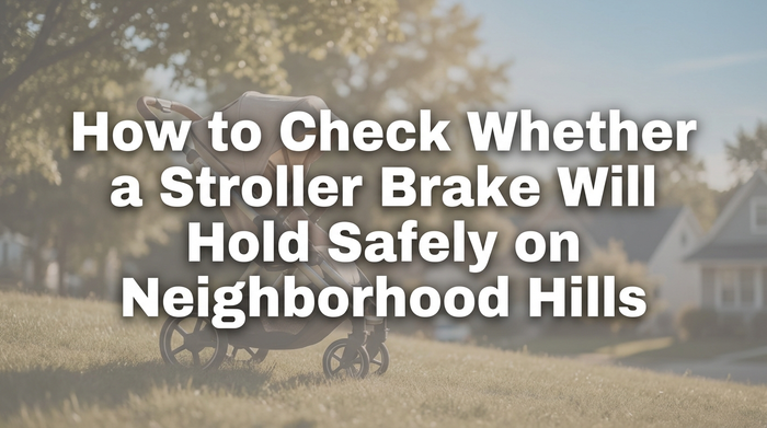 Parent testing stroller brake on a neighborhood hill
