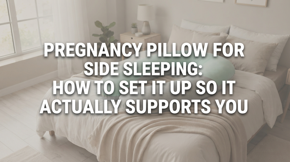 Peaceful pregnant woman resting on side with supportive pillow in soft bedroom light