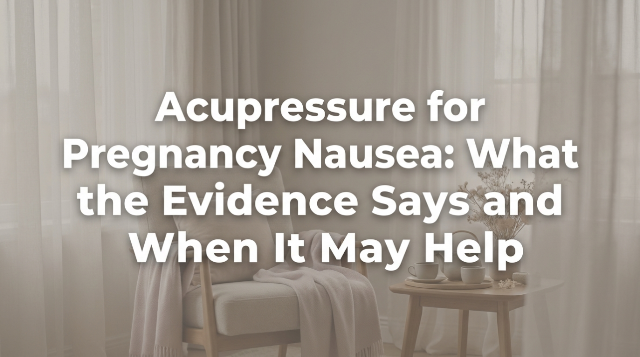 Pregnant woman applying gentle wrist pressure in soft morning light