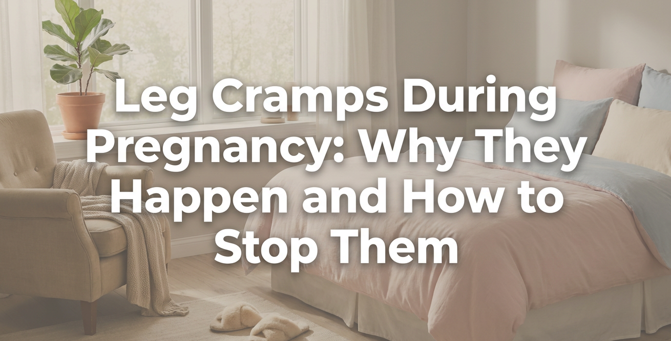 Pregnant woman gently massaging leg cramp at night in soft bedroom light