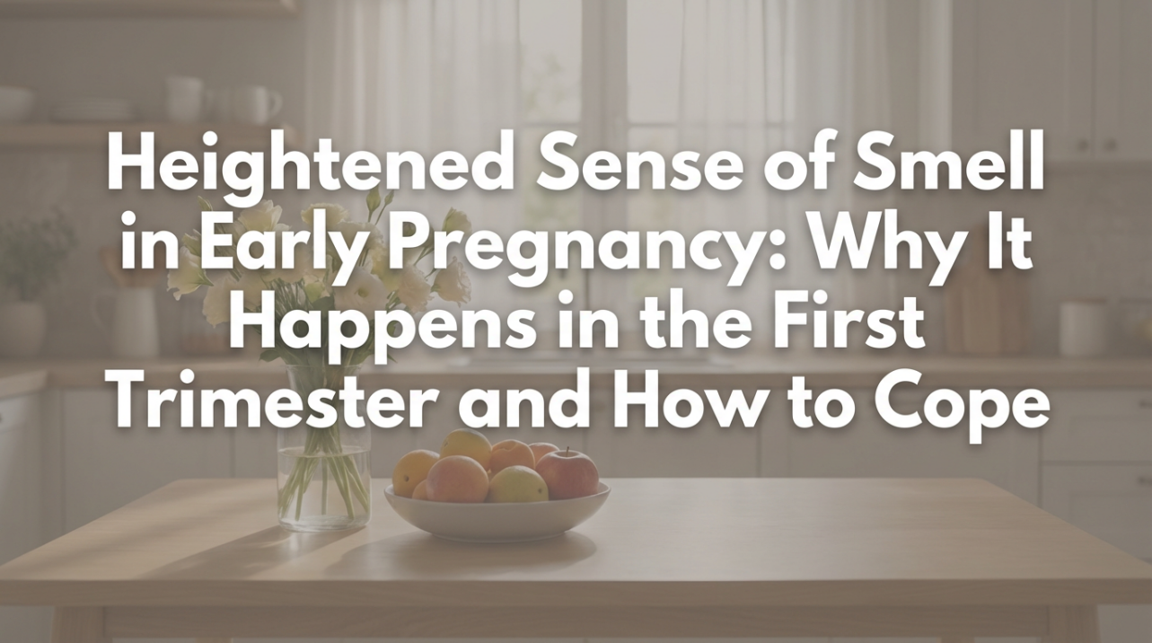 Pregnant woman in kitchen reacting to food smells during early pregnancy