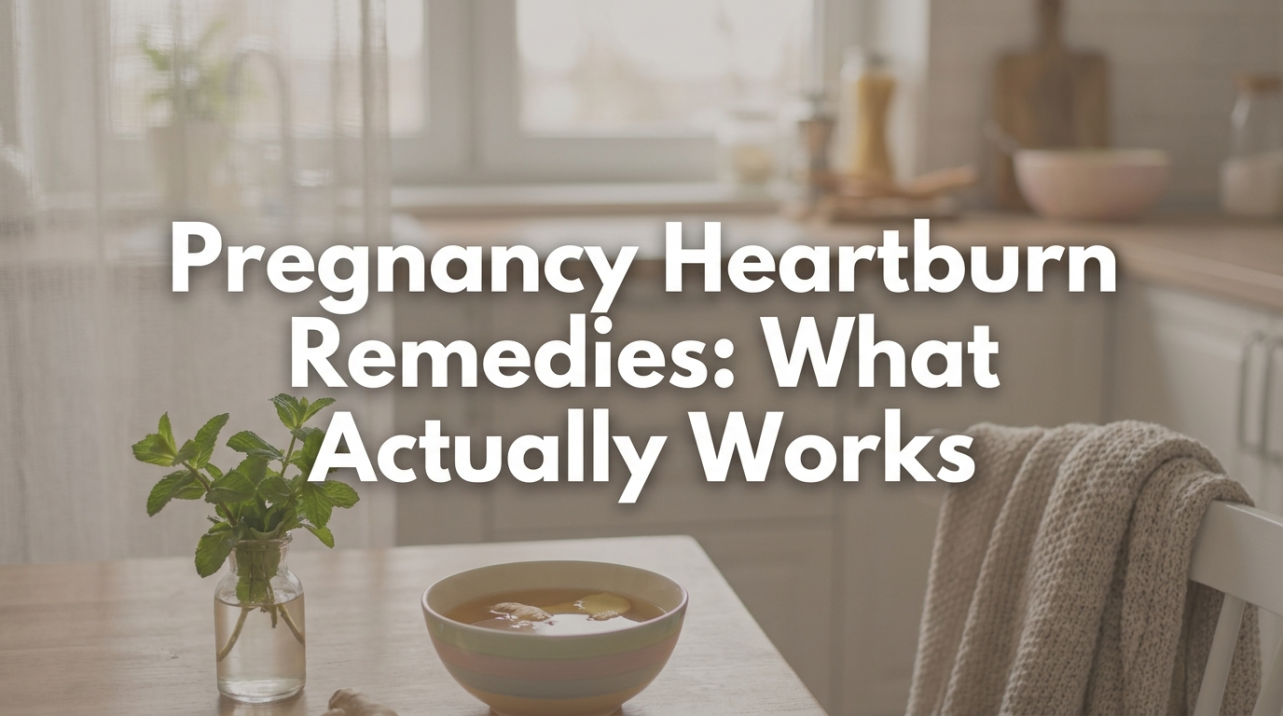 Pregnant woman sitting comfortably at home with hand on chest