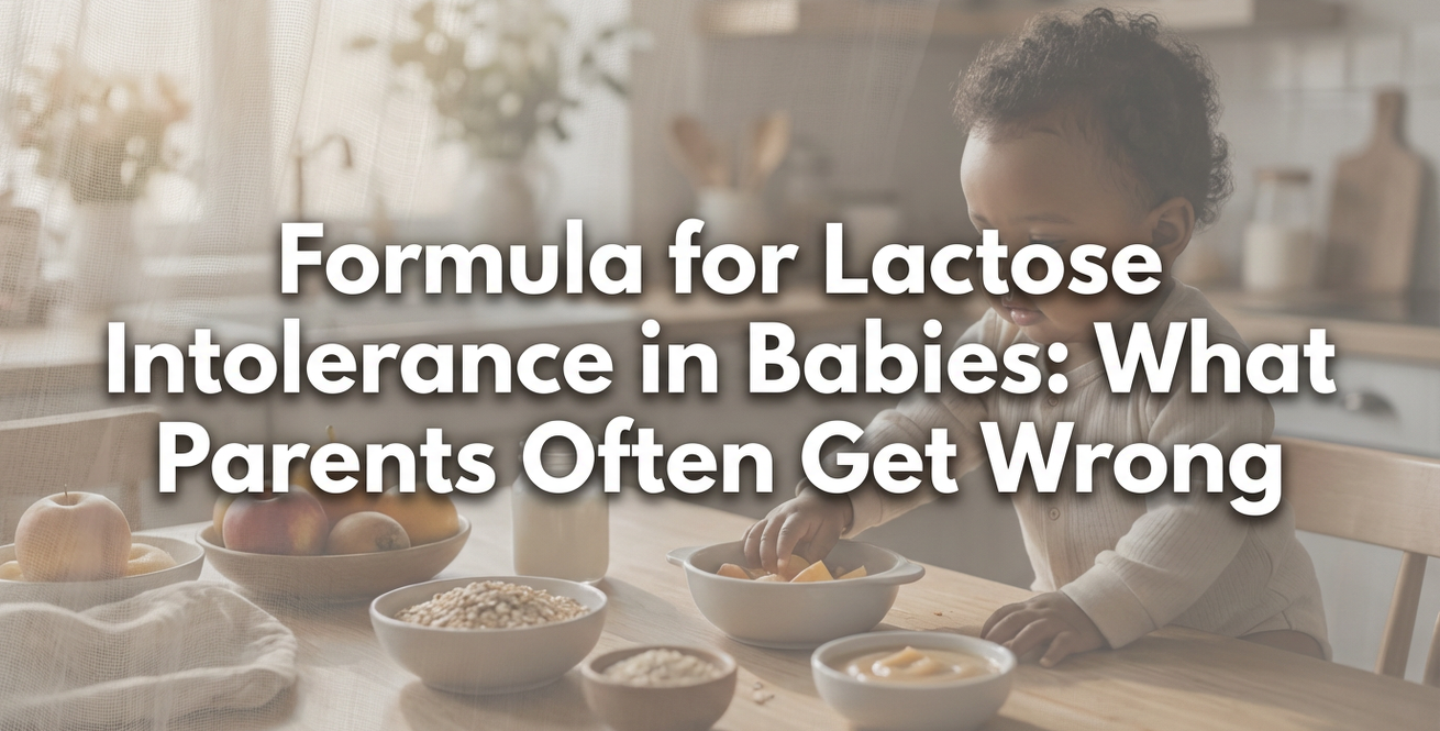 Simplified diagram of lactase enzyme breaking down lactose in infant digestion