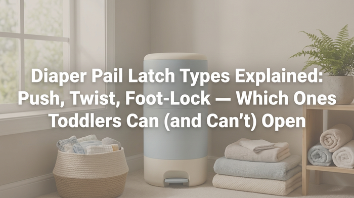 Three types of diaper pail latches with toddler interaction icons