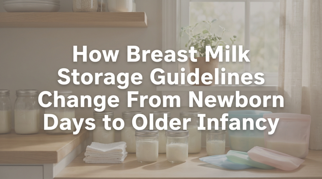 Timeline illustration of infant growth stages with milk storage icons