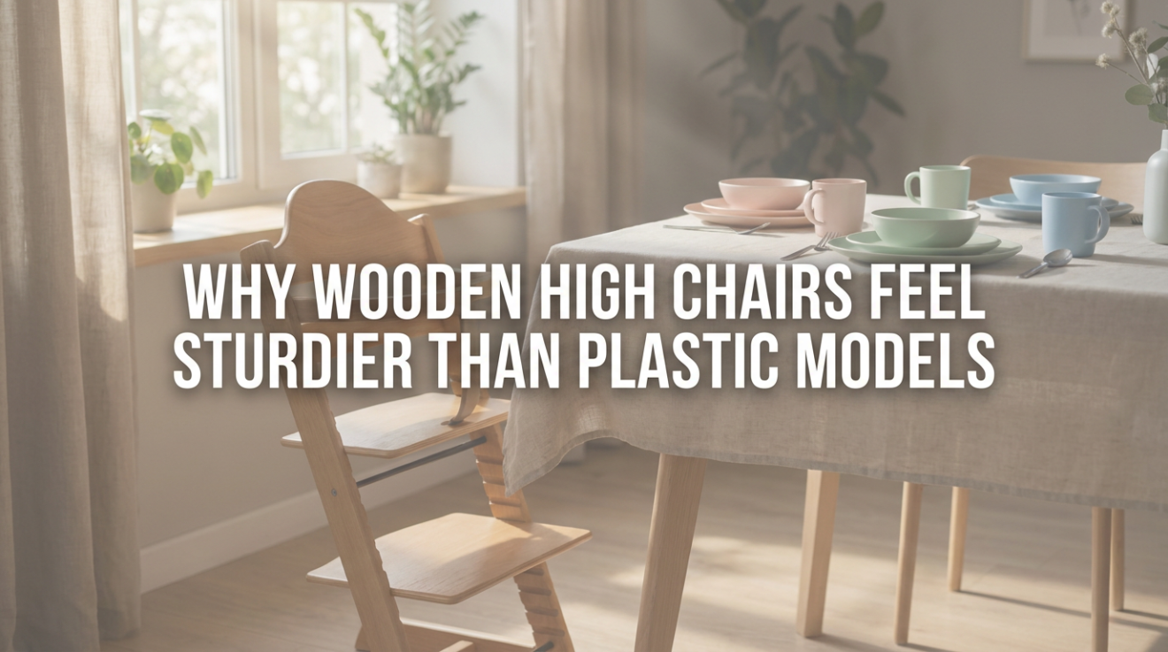 Toddler kicking tray of a stable wooden high chair that stays firmly planted on the floor