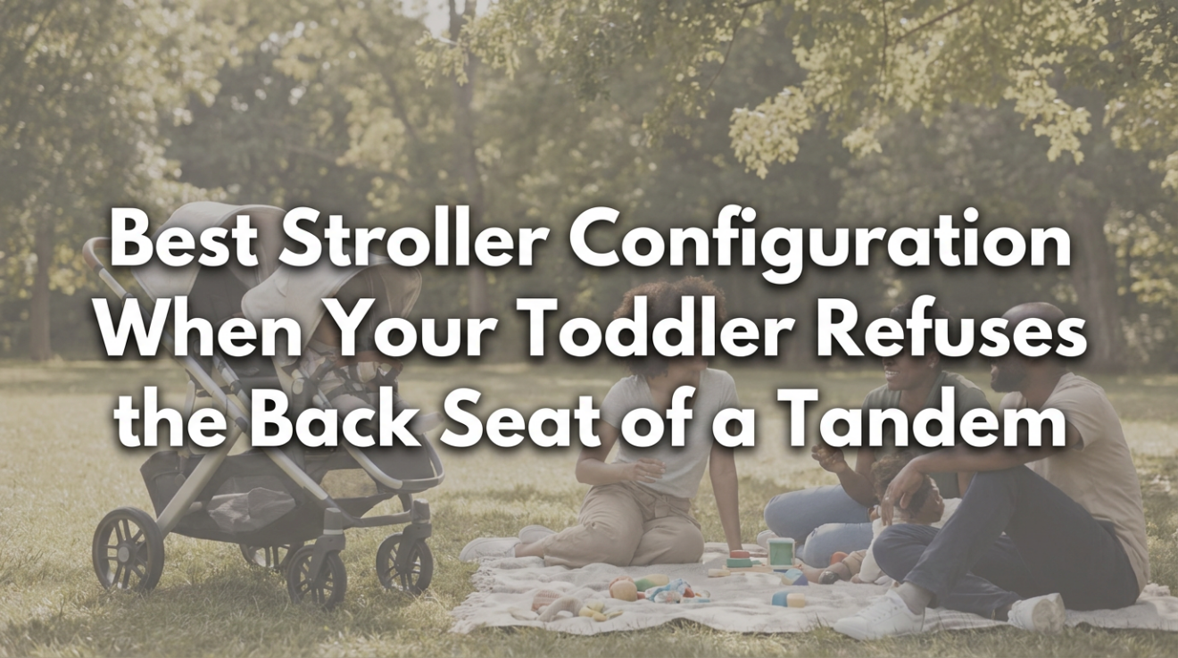 Toddler standing on sit-and-stand stroller platform with baby in front seat