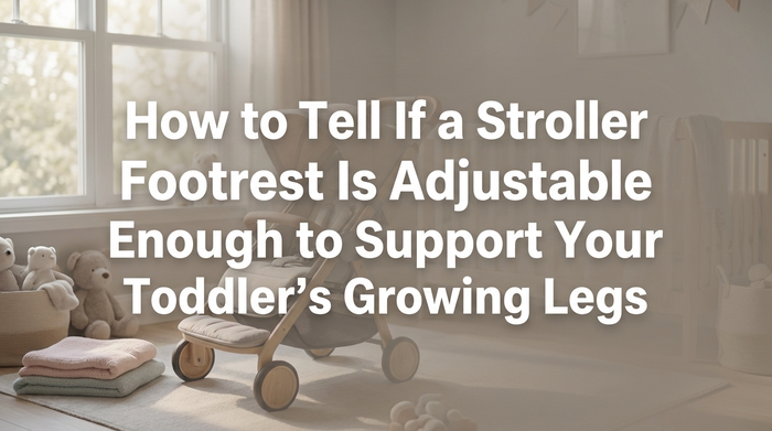 Toddler's legs resting on adjustable stroller footrest in natural light
