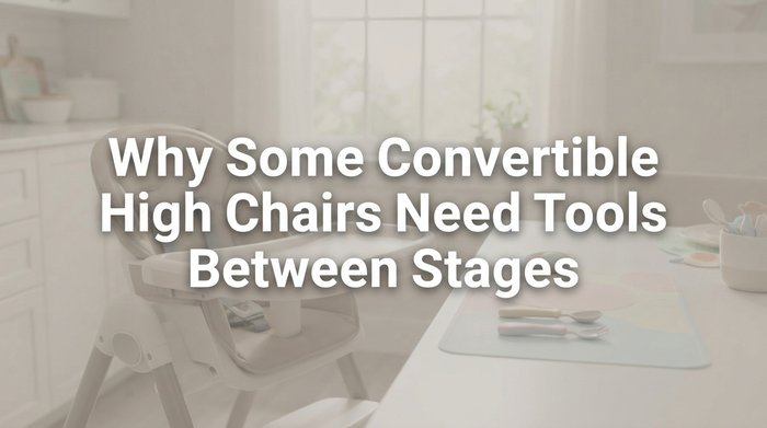 Two convertible high chairs illustrating tool-required versus tool-free conversion methods