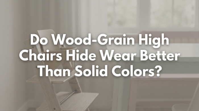 Two high chairs with wood grain and solid color finishes in a bright kitchen