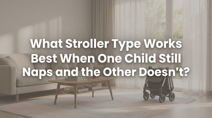 Two young children sitting together in a side-by-side double stroller