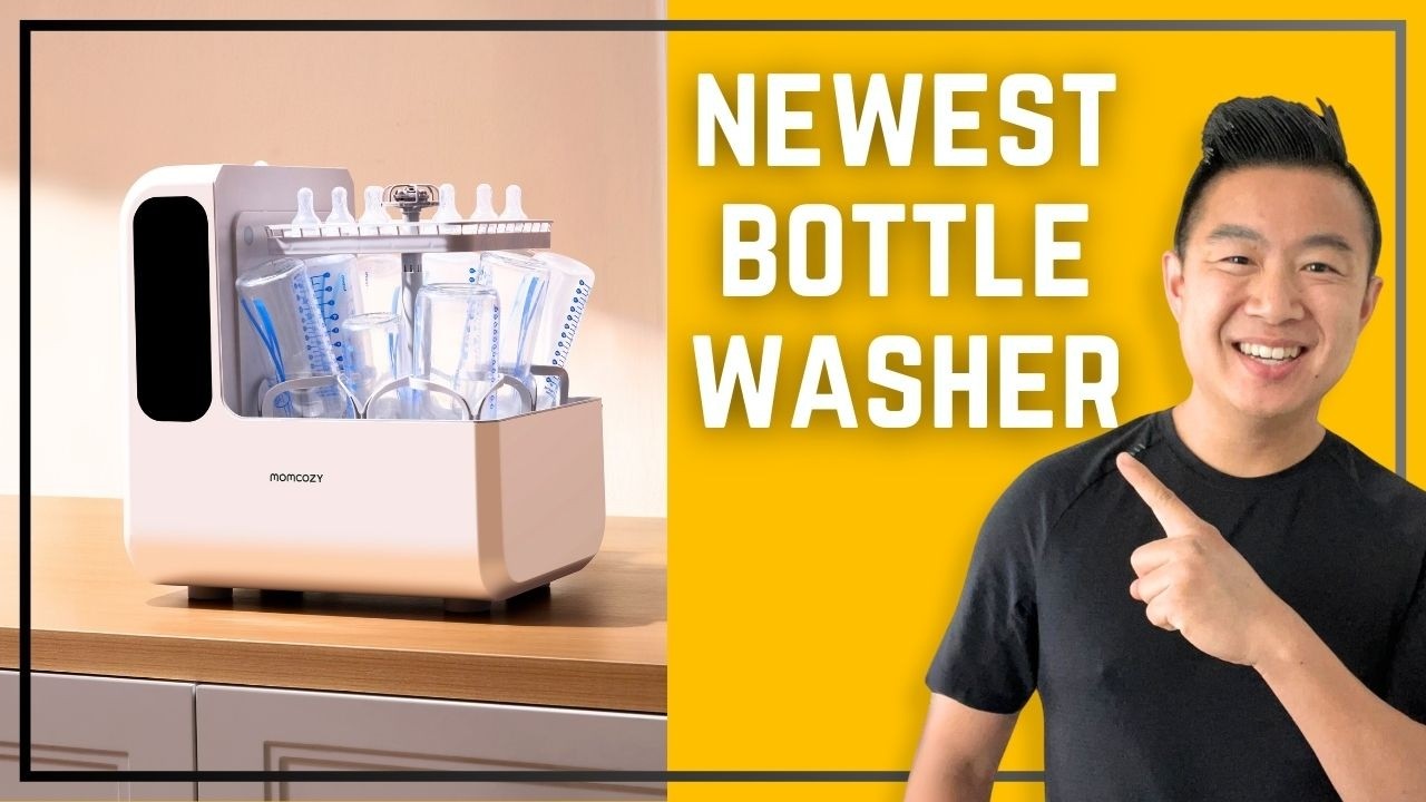 Man pointing at a countertop baby bottle washer with “Newest Bottle Washer” text