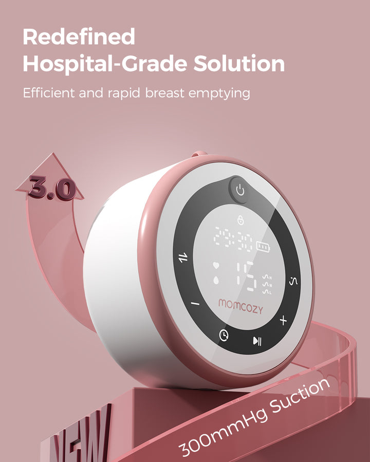 Momcozy V1 Pro breast pump with touch display and 300mmHg suction capability.