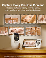 Momcozy baby monitor camera and screen displaying a baby in a crib. Multiple stills show babies in cribs.