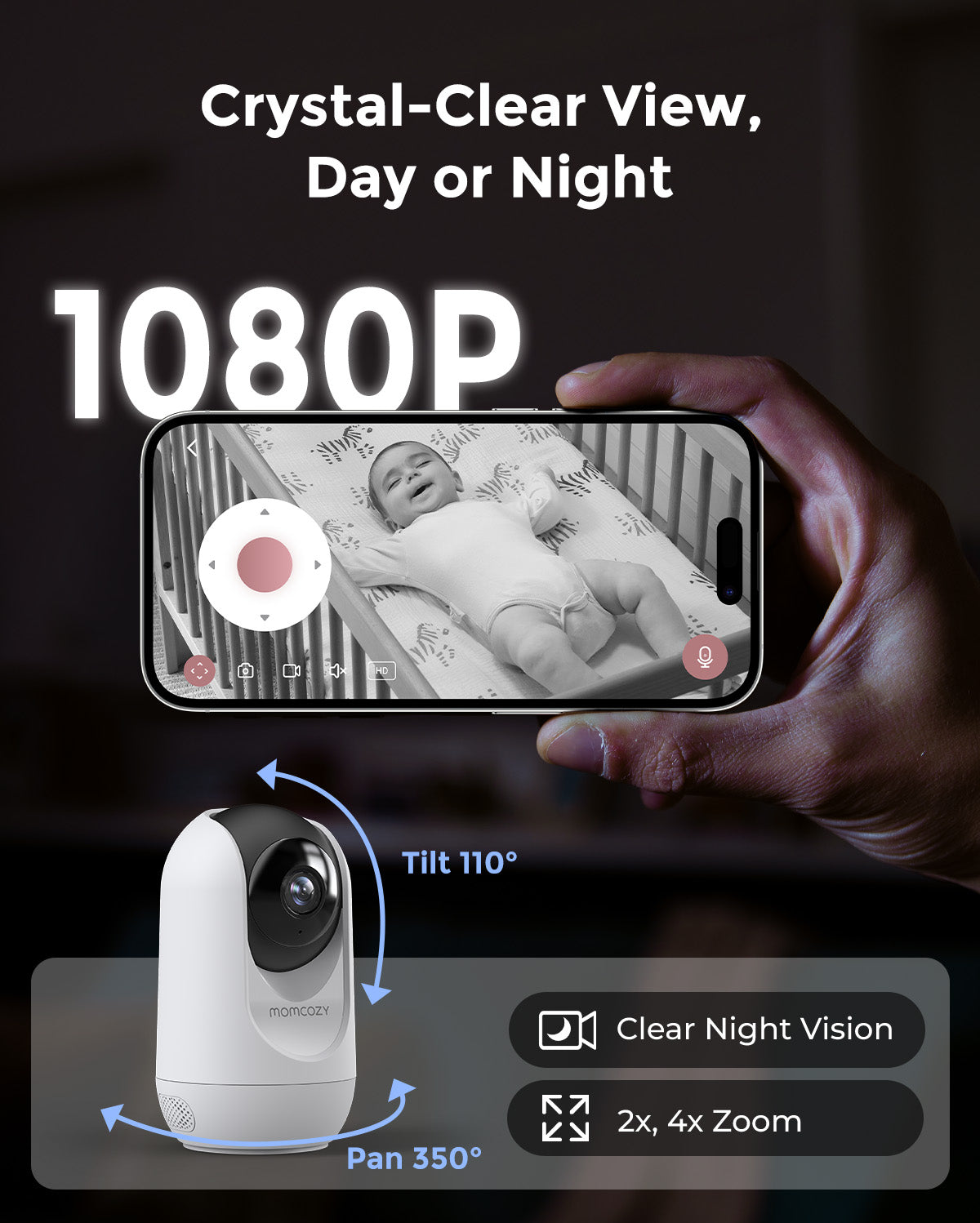 Momcozy BM04 Smart Baby Monitor with 1080P crystal-clear view, night vision, zoom and 110° tilt, 350° pan