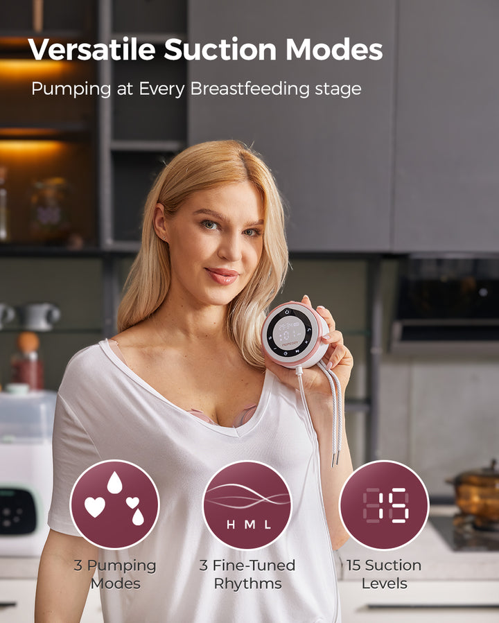 Woman holding V1 Pro breast pump, displaying 3 pumping modes and 15 suction levels.