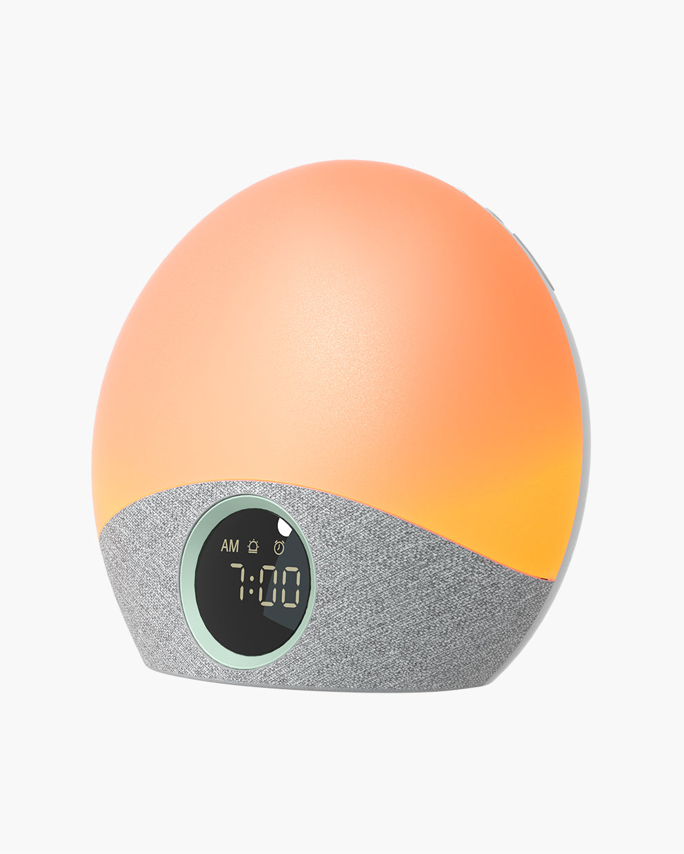 Momcozy Sunrise Wake-up Light with digital clock, grey fabric base, and orange/yellow gradient light for natural wake-up.