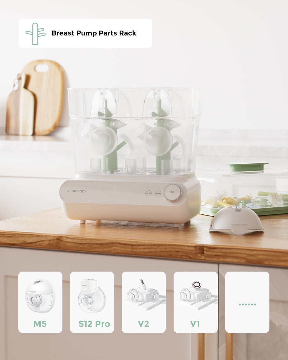 Momcozy 3 Layers Bottle Sterilizer and Dryer for M5, S12 Pro, V1, V2 breast pumps, organized and ready for use.