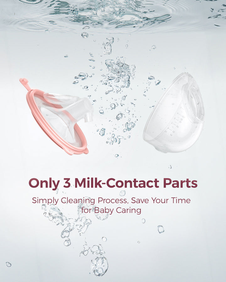 V1 Pro breast pump collection parts in water, highlighting easy cleaning features.