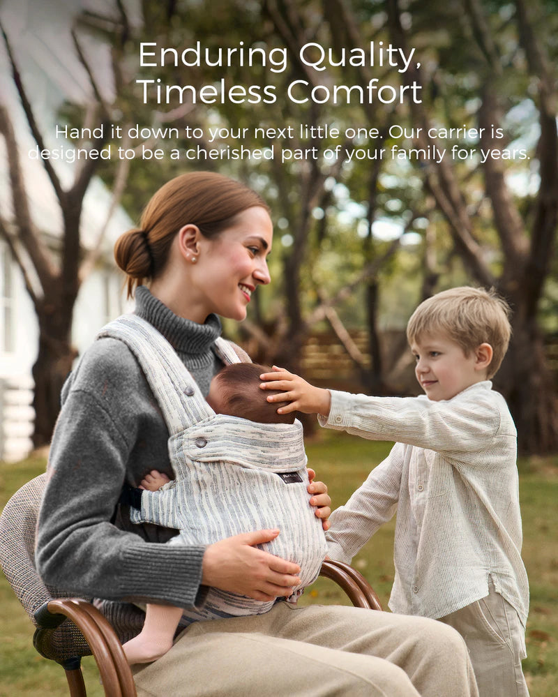 Momcozy baby carrier, striped design. Mother and child babywearing, enduring quality and timeless comfort.