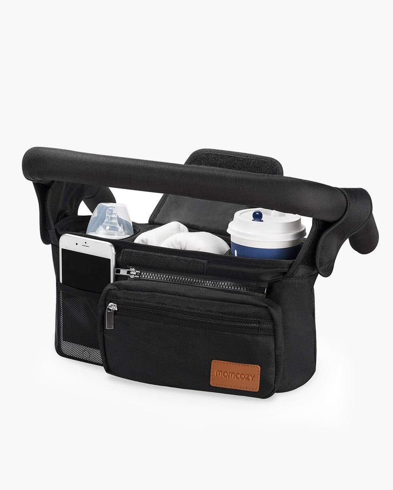 Translation missing: en.Momcozy black stroller organizer with cup holders and storage for baby essentials and coffee
