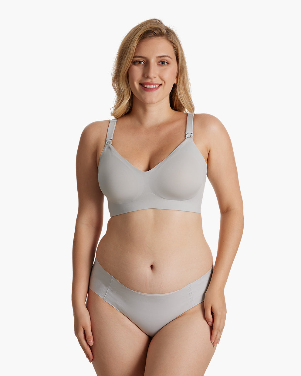 Model in light taupe YN21 Ultra Soft Seamless Nursing Bra & briefs, showing V-neck, smooth fabric, and M5 pump access.