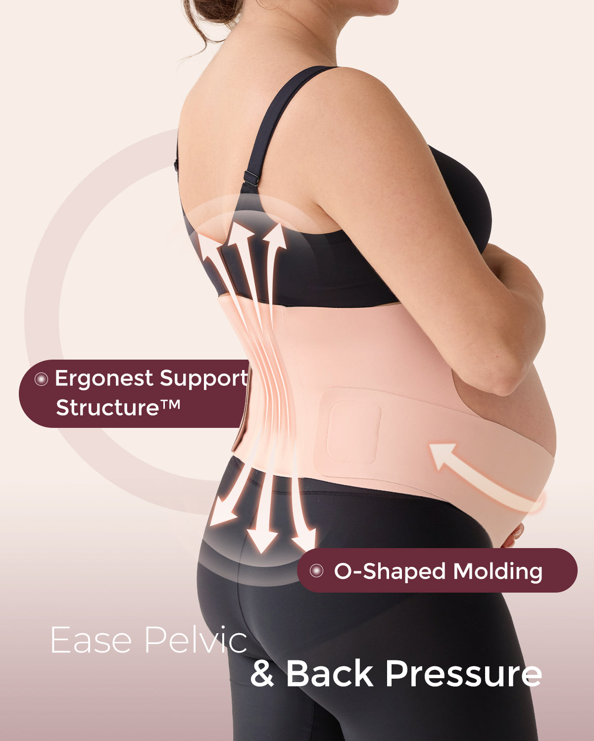 Blush pink BumpEase maternity band with Ergonest Support and O-Shaped Molding eases pelvic & back pressure.