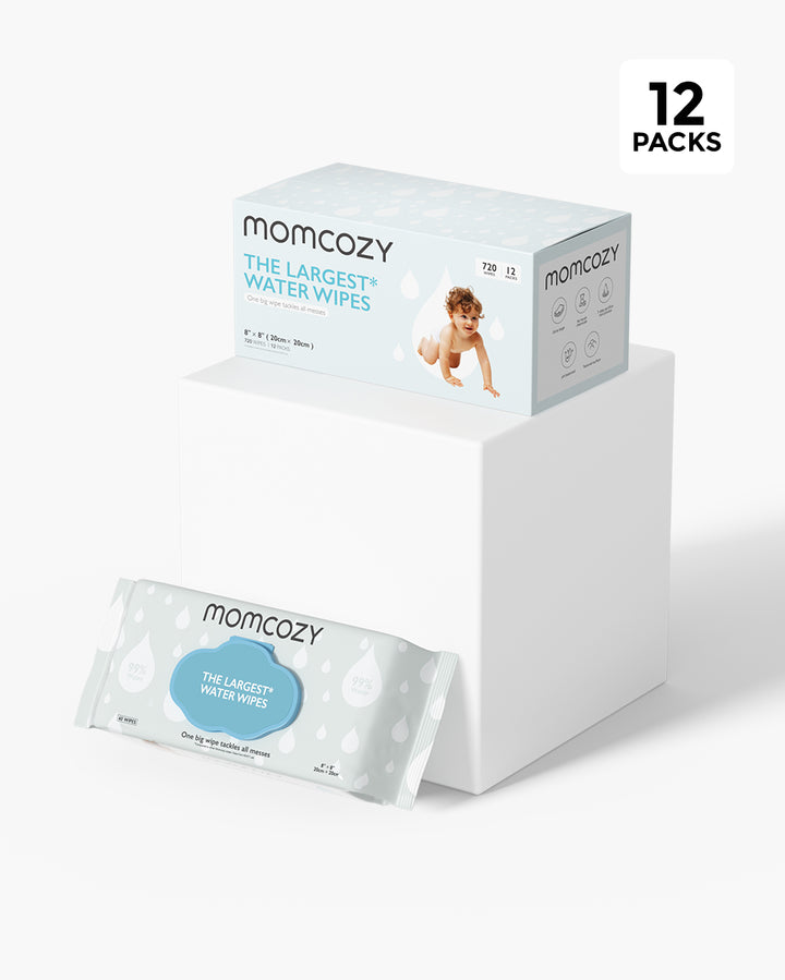 Momcozy 99% Water Wipes box set with 12 packs and single pack, highlighting the largest water wipes for higher level of purity, featuring baby image