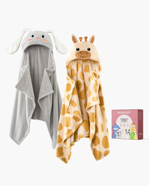 Momcozy Coral Fleece Hooded Baby Towel - Giraffe and Rabbit