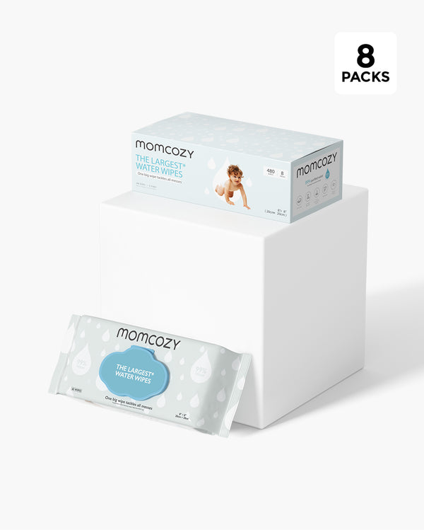 Momcozy 99% Water Wipes, showing one pack and a box of 8 packs, with text 'The Largest Water Wipes' on the packaging