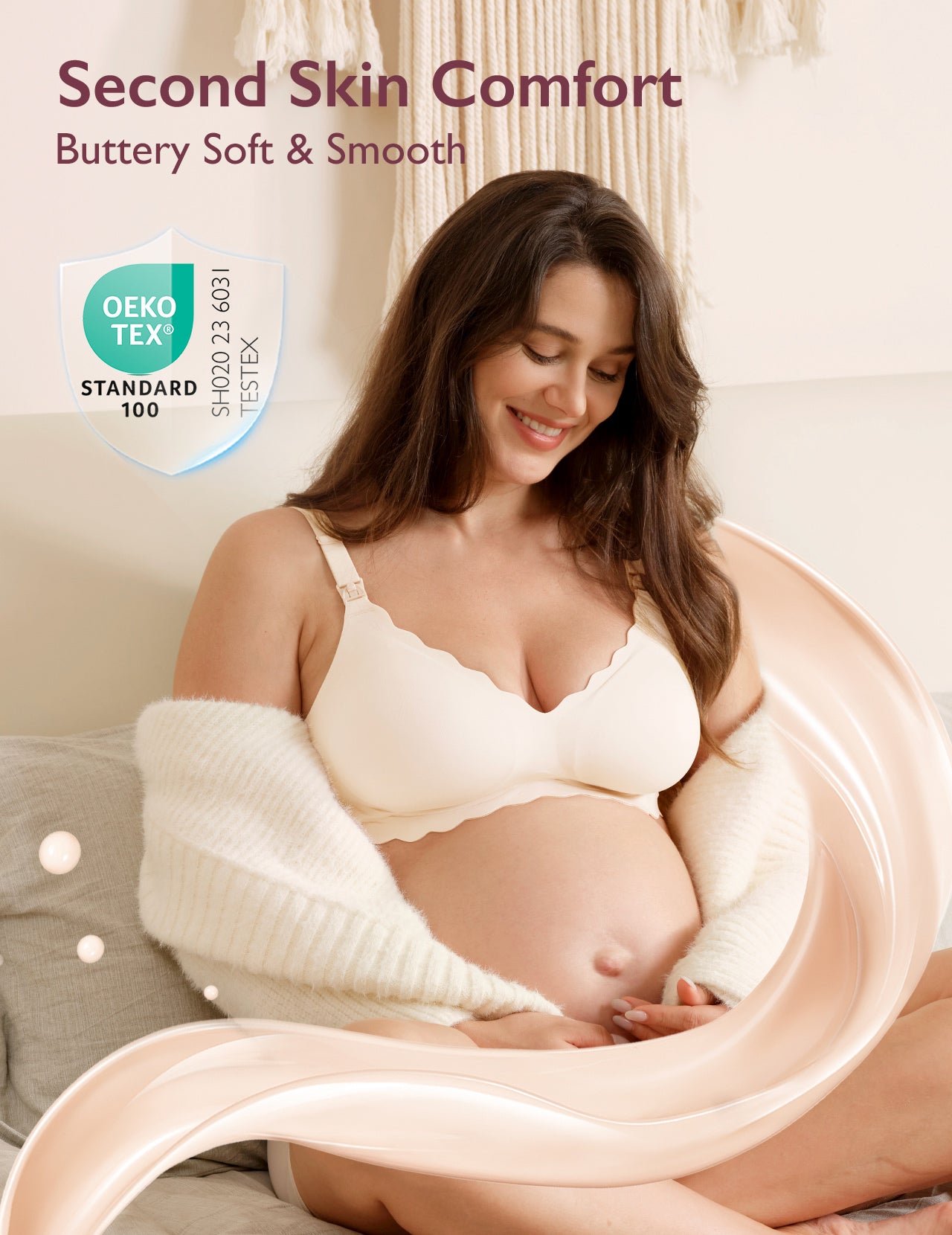 Pregnant woman in cream Jelly Strip Seamless Nursing Bra YN46. OEKO-TEX certified, offers 'Second Skin Comfort' for M9 Pump.
