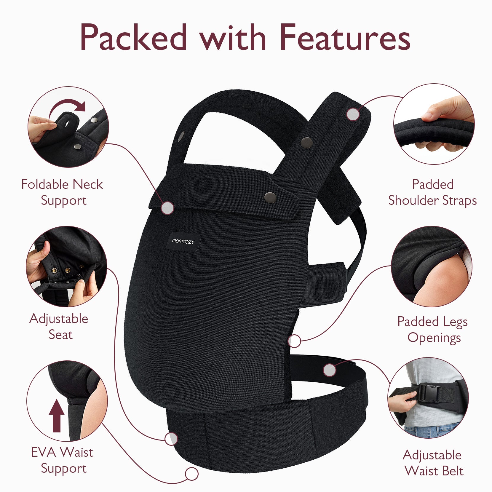 Momcozy PureHug baby carrier, featuring foldable neck support, padded straps, and waist belt for comfortable babywearing.