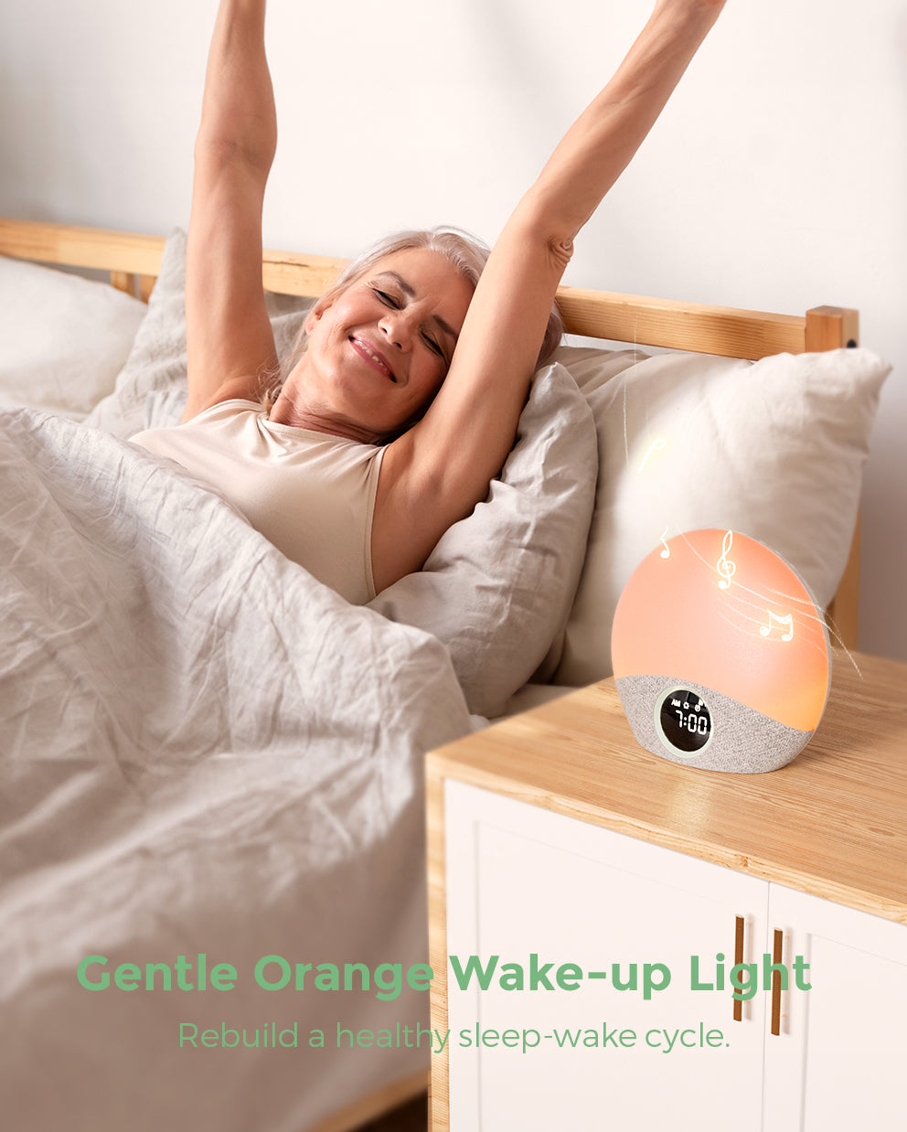 Woman wakes up with Momcozy Wake-up Light, a smart alarm clock with a natural, gentle orange light for sleep-wake cycles.