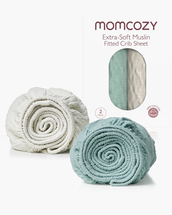 Momcozy Muslin Fitted Crib Sheets - 2 sizes - Green & Grey