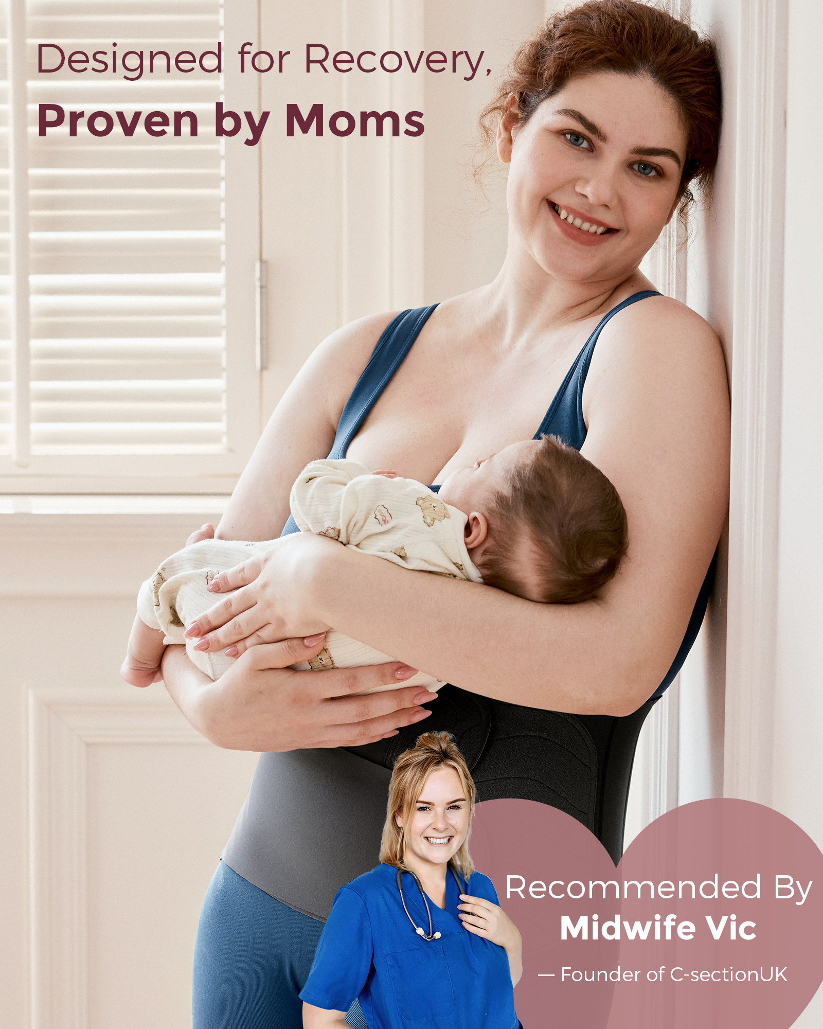Momcozy Ergowrap postpartum belly band, new mom holding baby, recommended by Midwife Vic for postpartum recovery