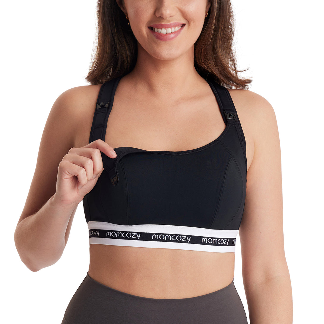 Woman demonstrating front flap and nursing clip mechanism of Momcozy Active Low Impact Nursing Sports Bra