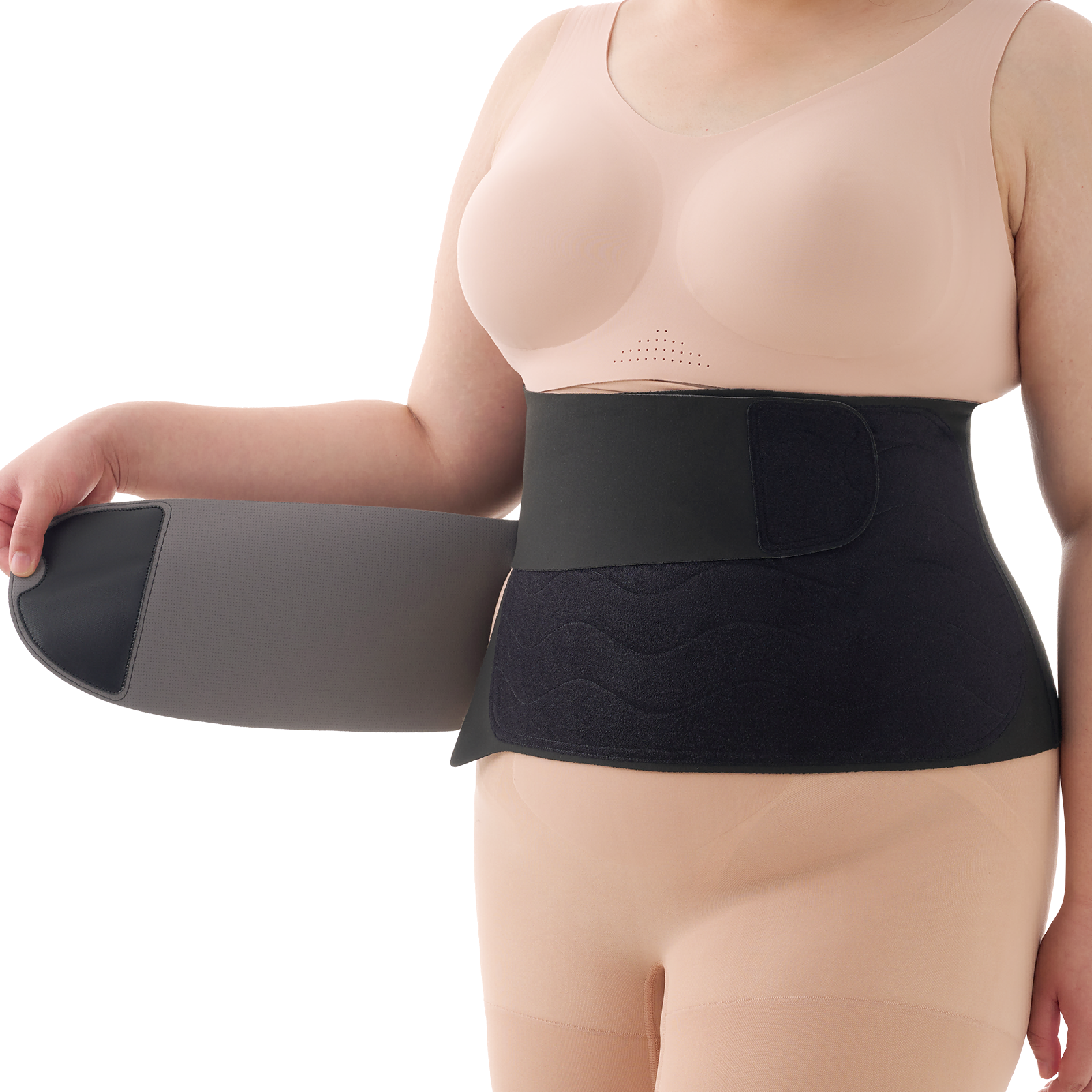 Momcozy Ergowrap postpartum belly band in black, worn by a woman. Provides back support, and postpartum recovery.