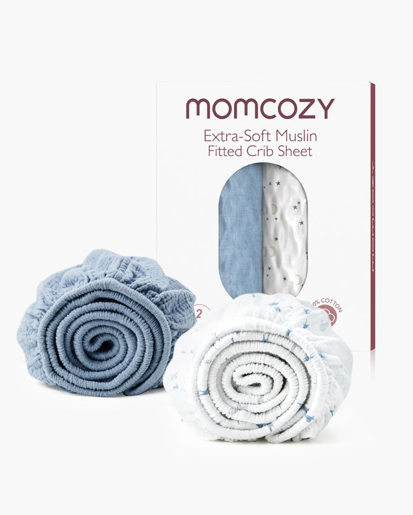 Momcozy Muslin Fitted Crib Sheets - 2 sizes - Blue White Star Moon