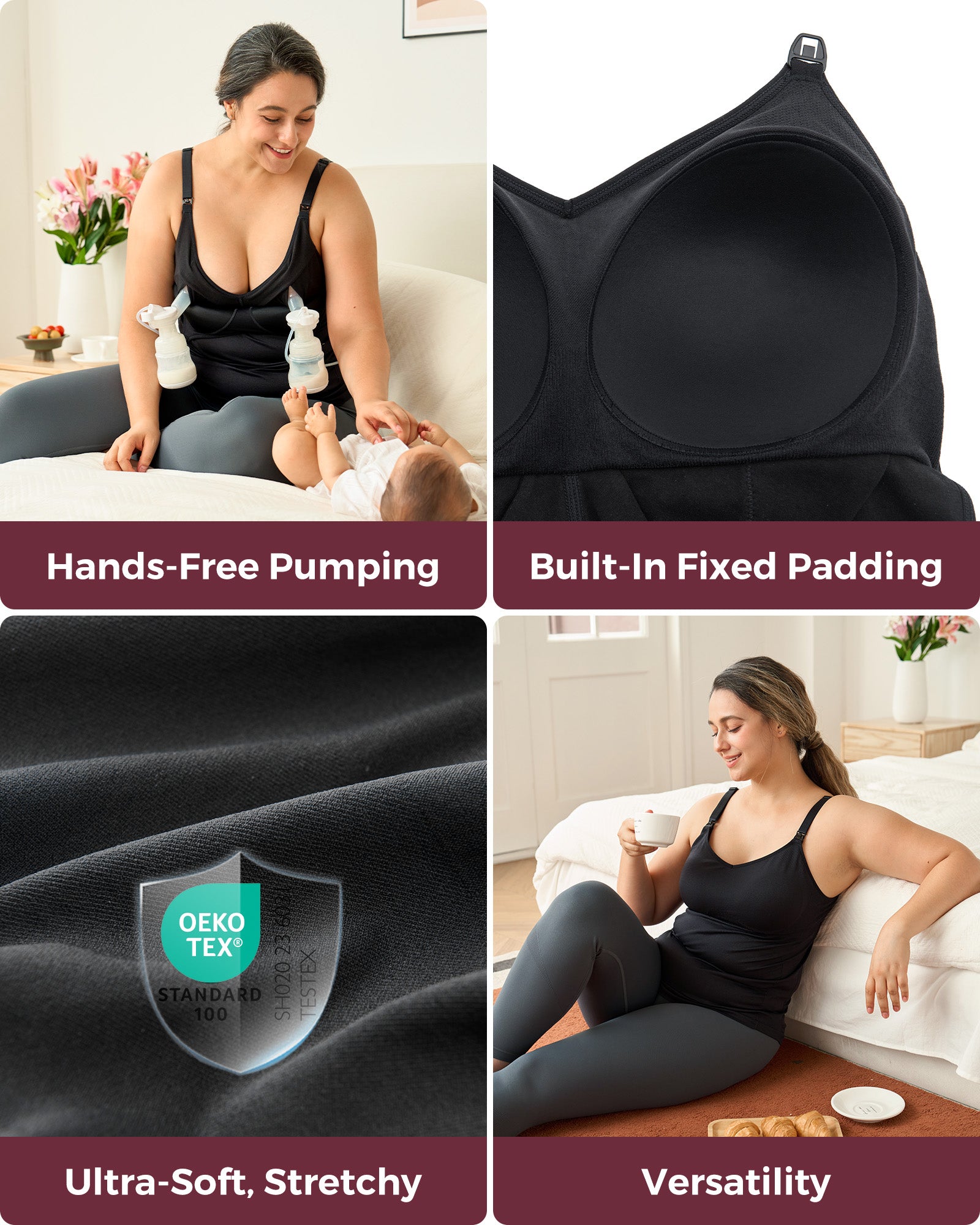 Black hands-free pumping & nursing tank with fixed padding, showcasing hands-free pumping and ultra-soft materials.