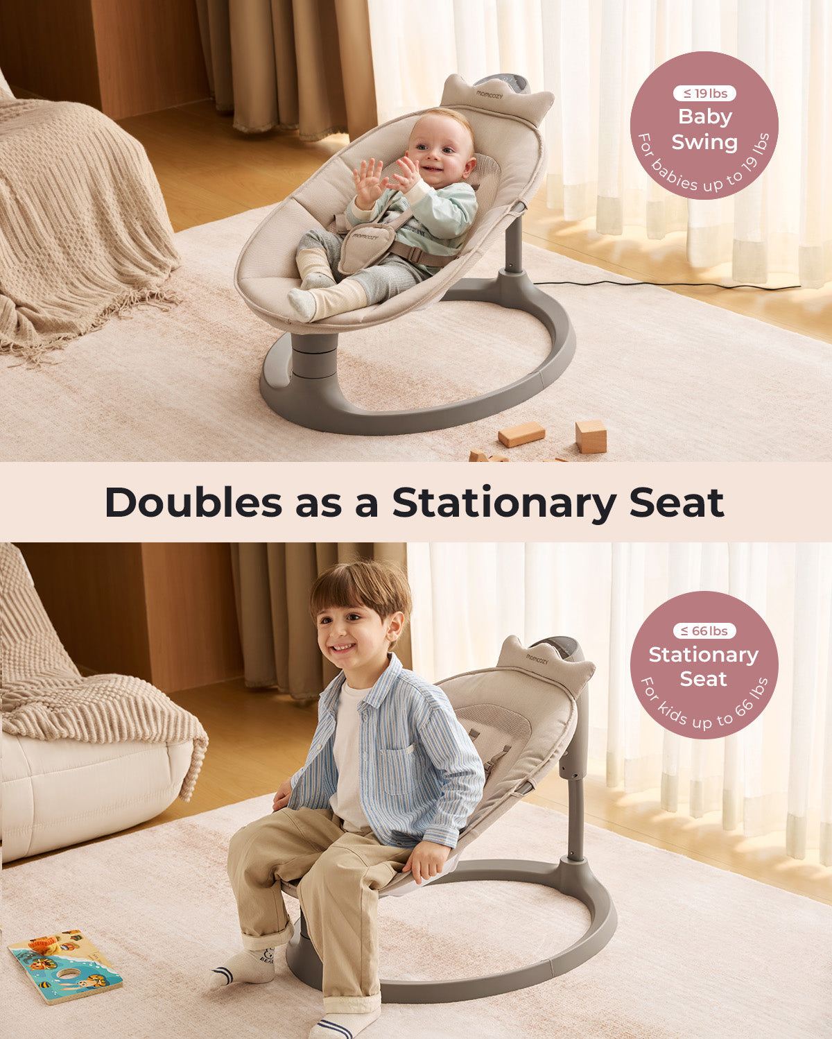 Momcozy 2-in-1 Electric Baby Swing | Soothing & Stationary