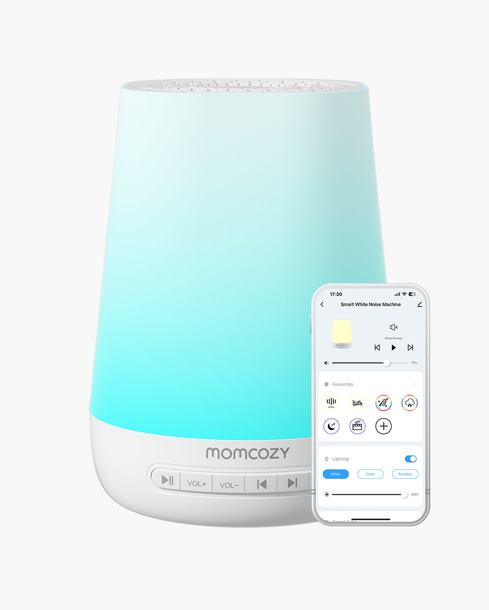 Momcozy Smart Baby Sound Machine with app control, showcasing white, color, and rainbow lighting for baby sleep.
